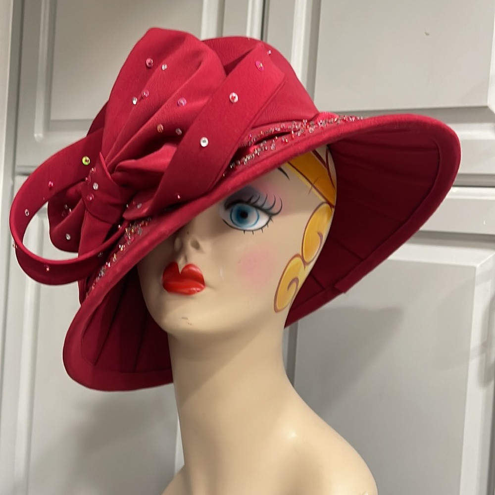 Ben Marc International Elegant Red Women's Hat w/ Bow and Sequins Church, Derby